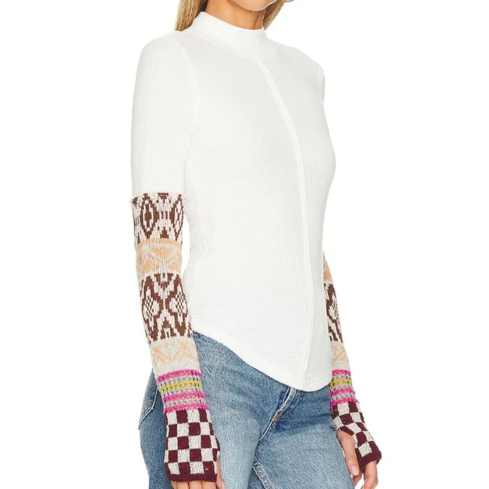 Free People We The Free Thermal Cuff Top XS Ivory Fair Isle Checkerboard Boho